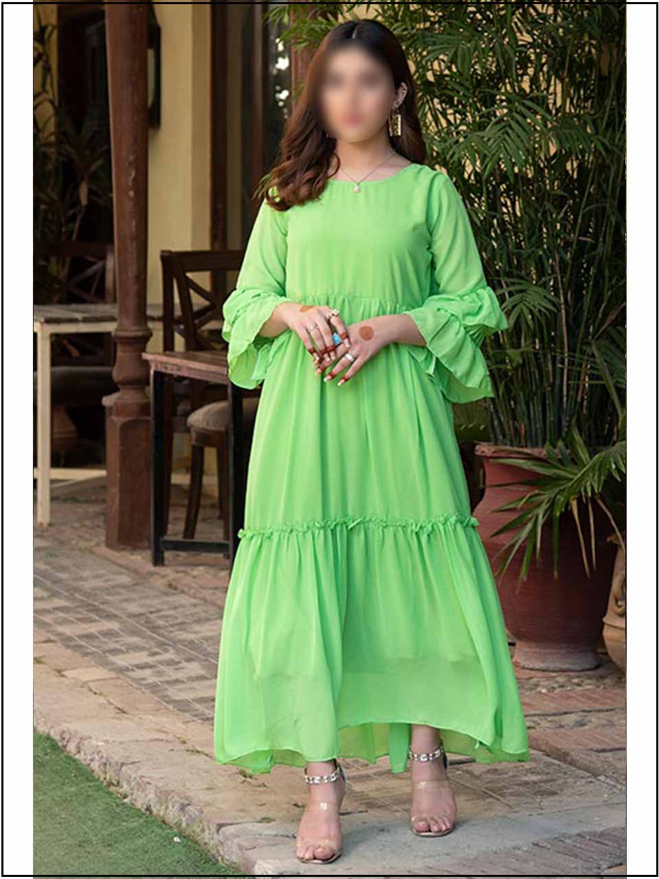 Parrot Green Chiffon Readymade Maxi With Double Frill 329 At Online Stores Parrot Green Chiffon Readymade Maxi With Double Frill 329 At Online Stores