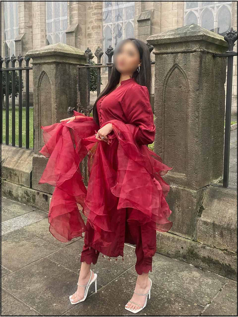 3 Piece Red Silk Readymade Suit With Ruffle Dupatta 133 – At