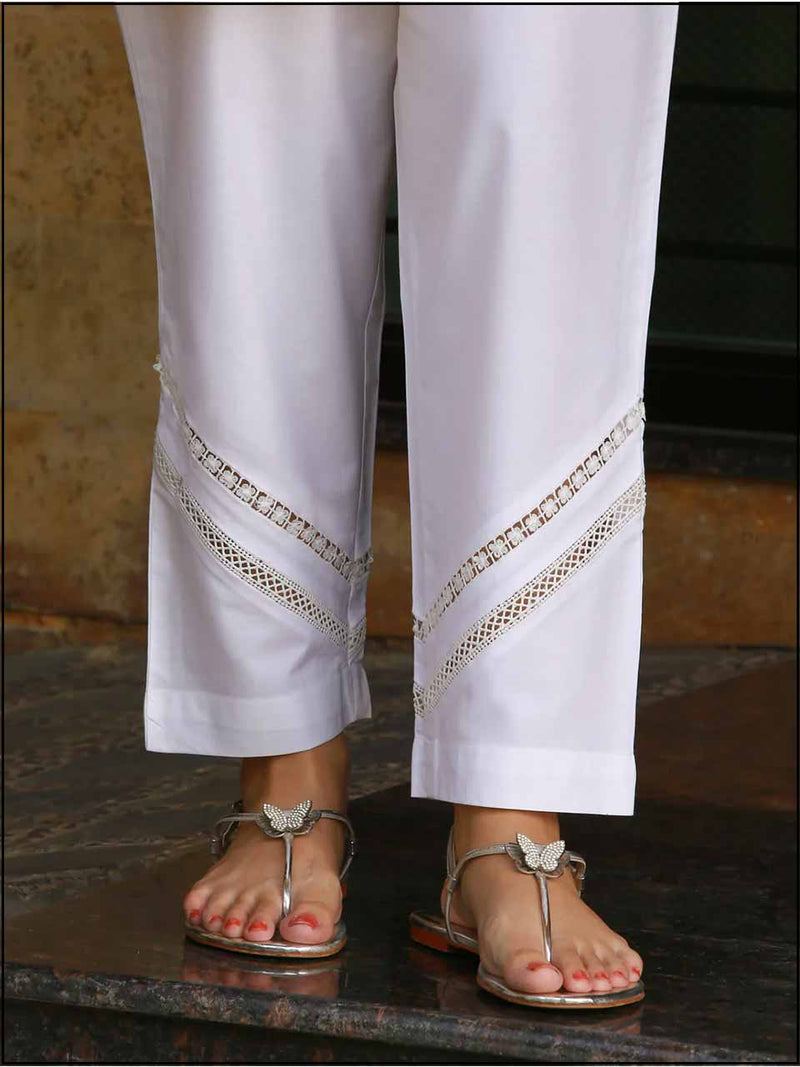 White Cotton Straight Readymade Trouser With Lace 359 – At Online
