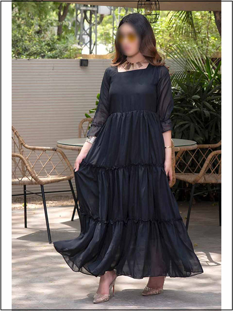 Black Chiffon Readymade Maxi In Tiered Style 313