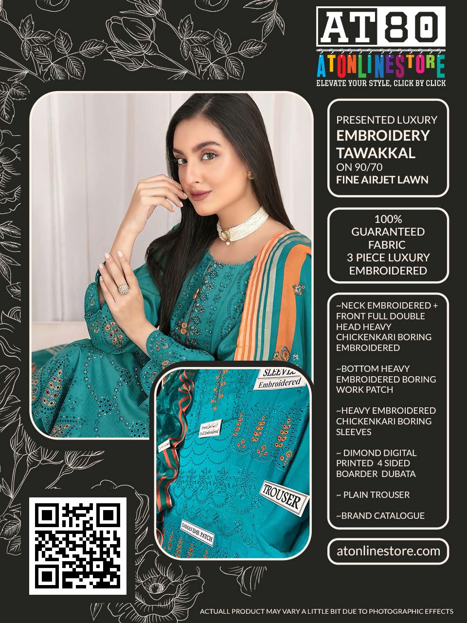 TAWAKKAL-3PC EMBROIDERED LUXURY LAWN SUIT CB