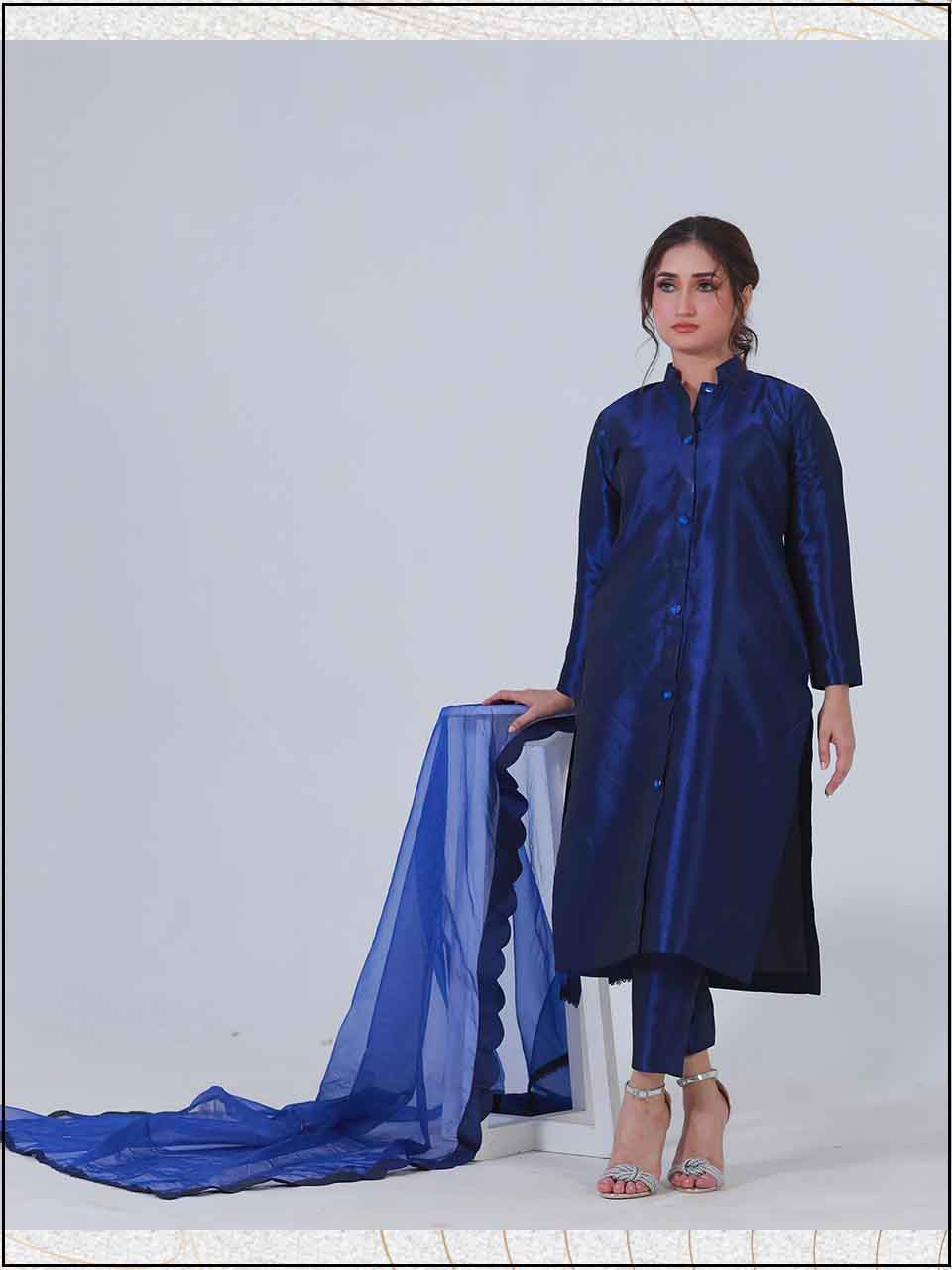 ATM7406JS | 3 Piece Blue Silk Readymade  Suit