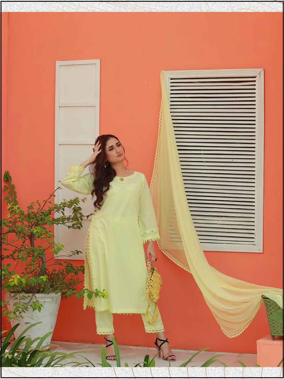 ATM7405JS | 3 Piece Lemon Yellow Luxe Cotton Readymade  Suit