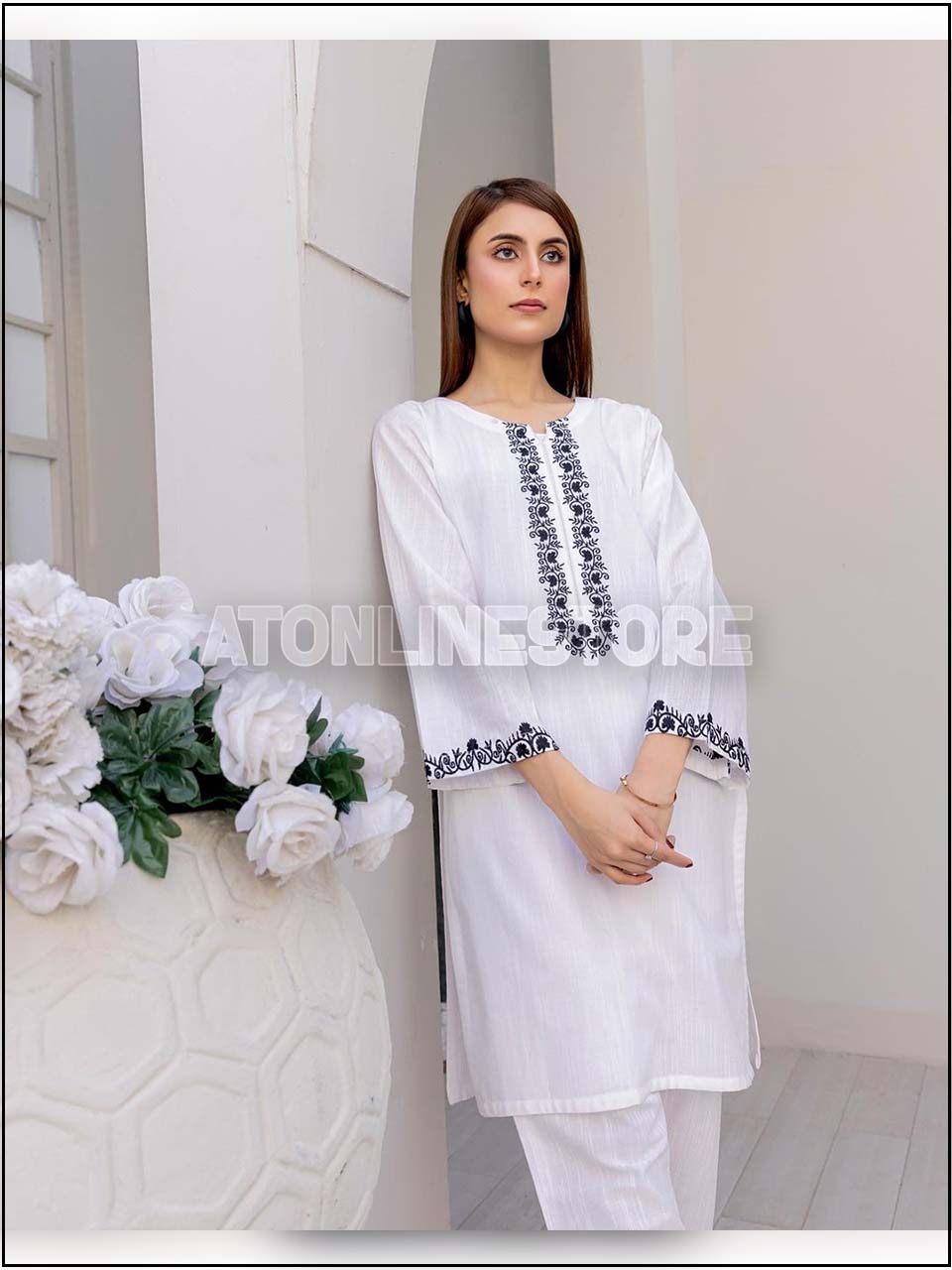 ATM24085 2-Piece Linen Readymade Embroidered Suit