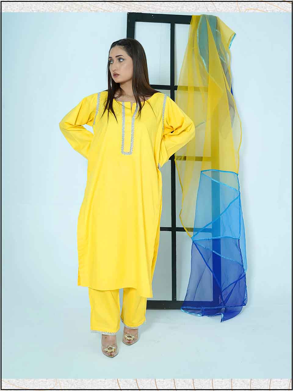 ATM7404JS | 3 Piece Yellow Luxe Cotton Readymade Hand Embroidered Suit