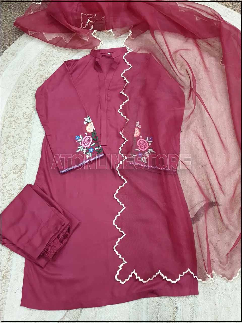 ATM24021 3-Piece Partywear Linen Readymade Embroidered Suit