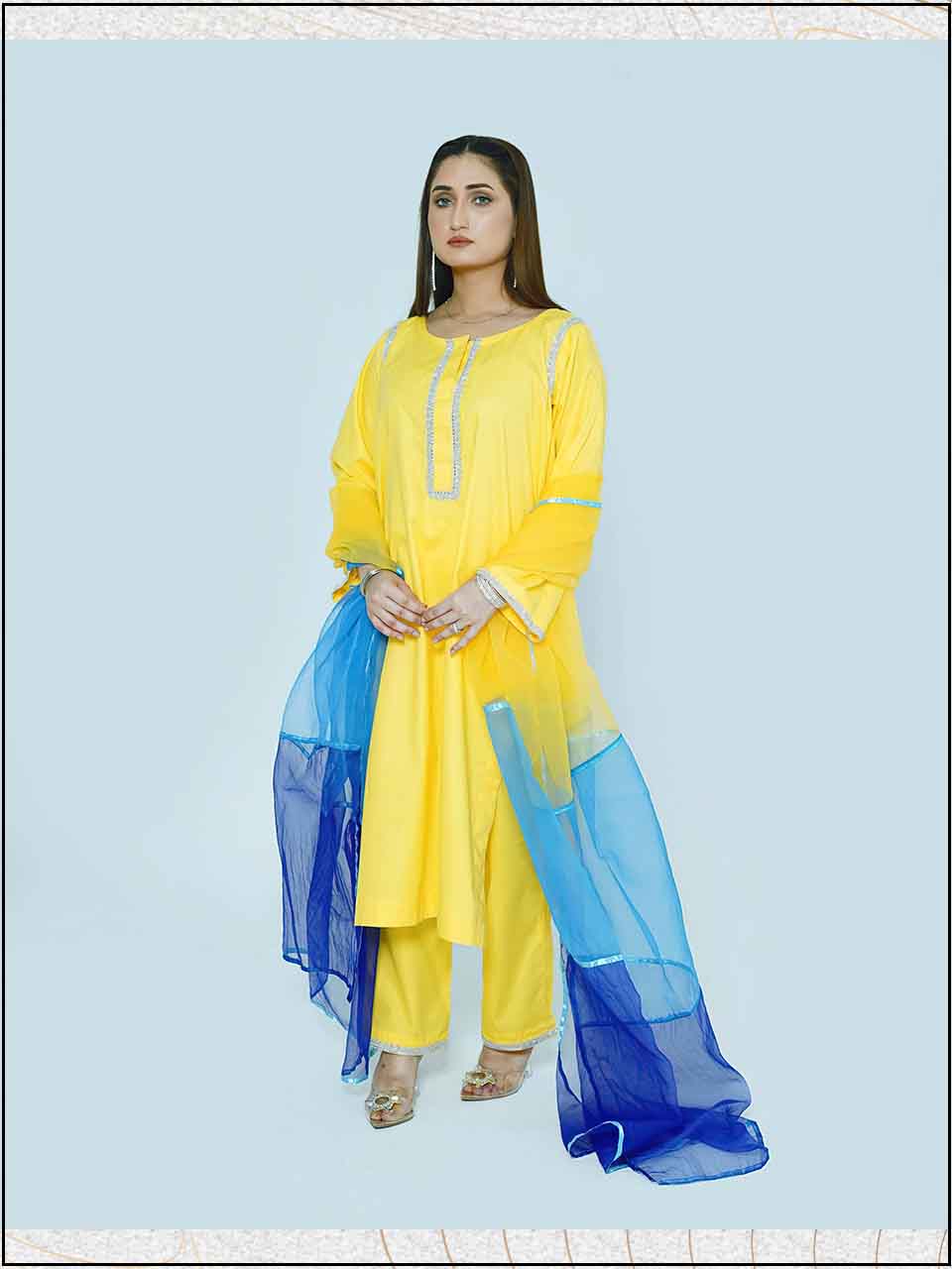 ATM7404JS | 3 Piece Yellow Luxe Cotton Readymade Hand Embroidered Suit