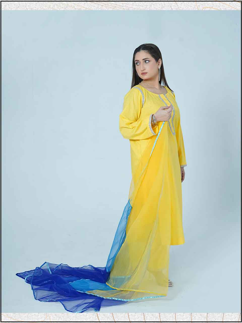 ATM7404JS | 3 Piece Yellow Luxe Cotton Readymade Hand Embroidered Suit