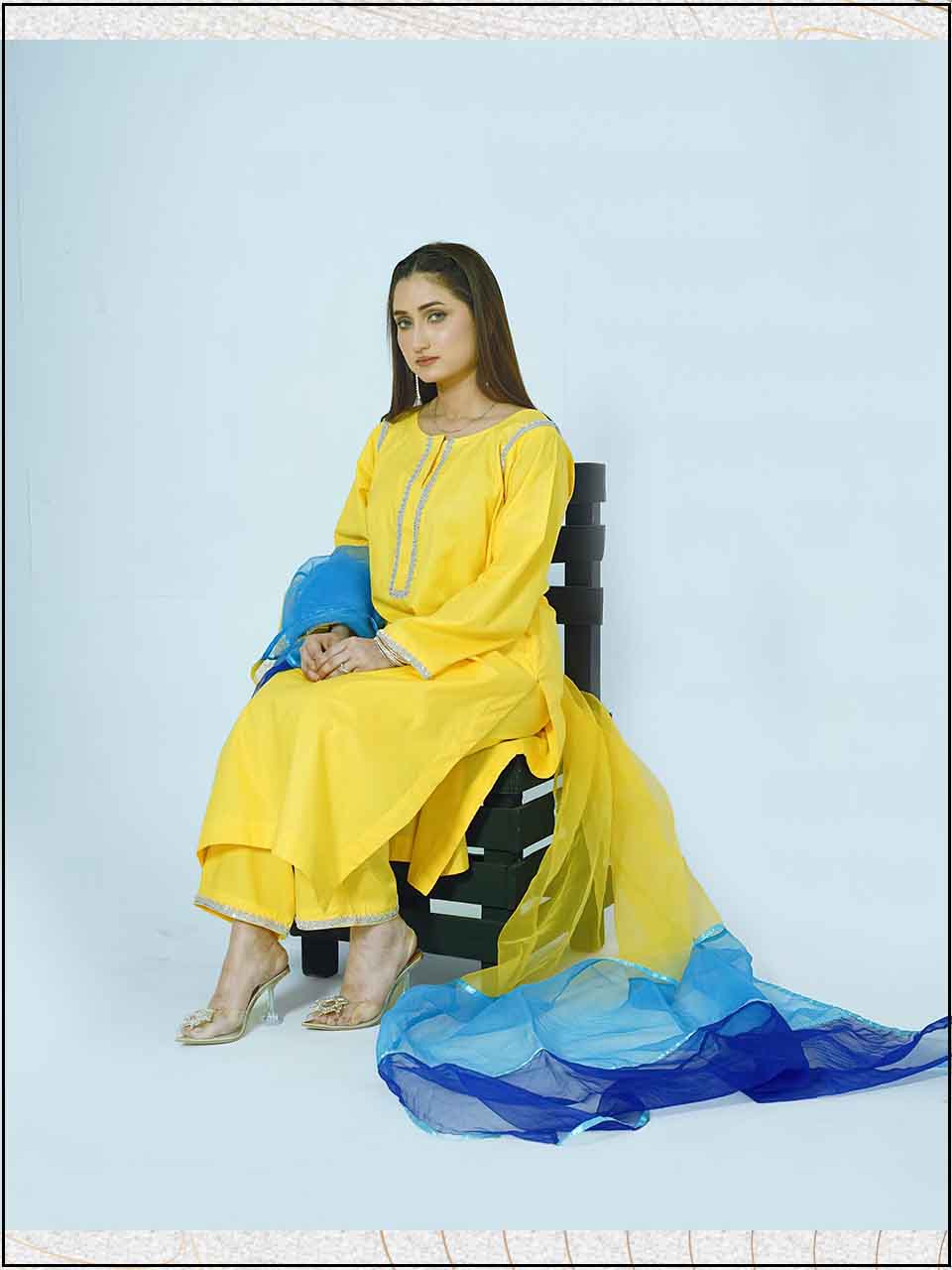 ATM7404JS | 3 Piece Yellow Luxe Cotton Readymade Hand Embroidered Suit