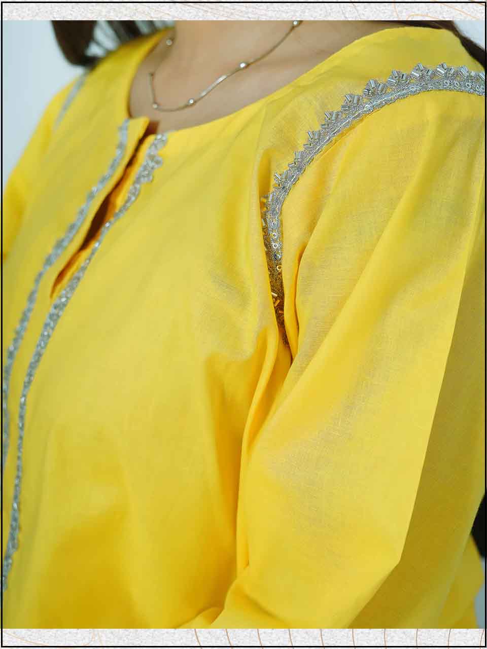 ATM7404JS | 3 Piece Yellow Luxe Cotton Readymade Hand Embroidered Suit