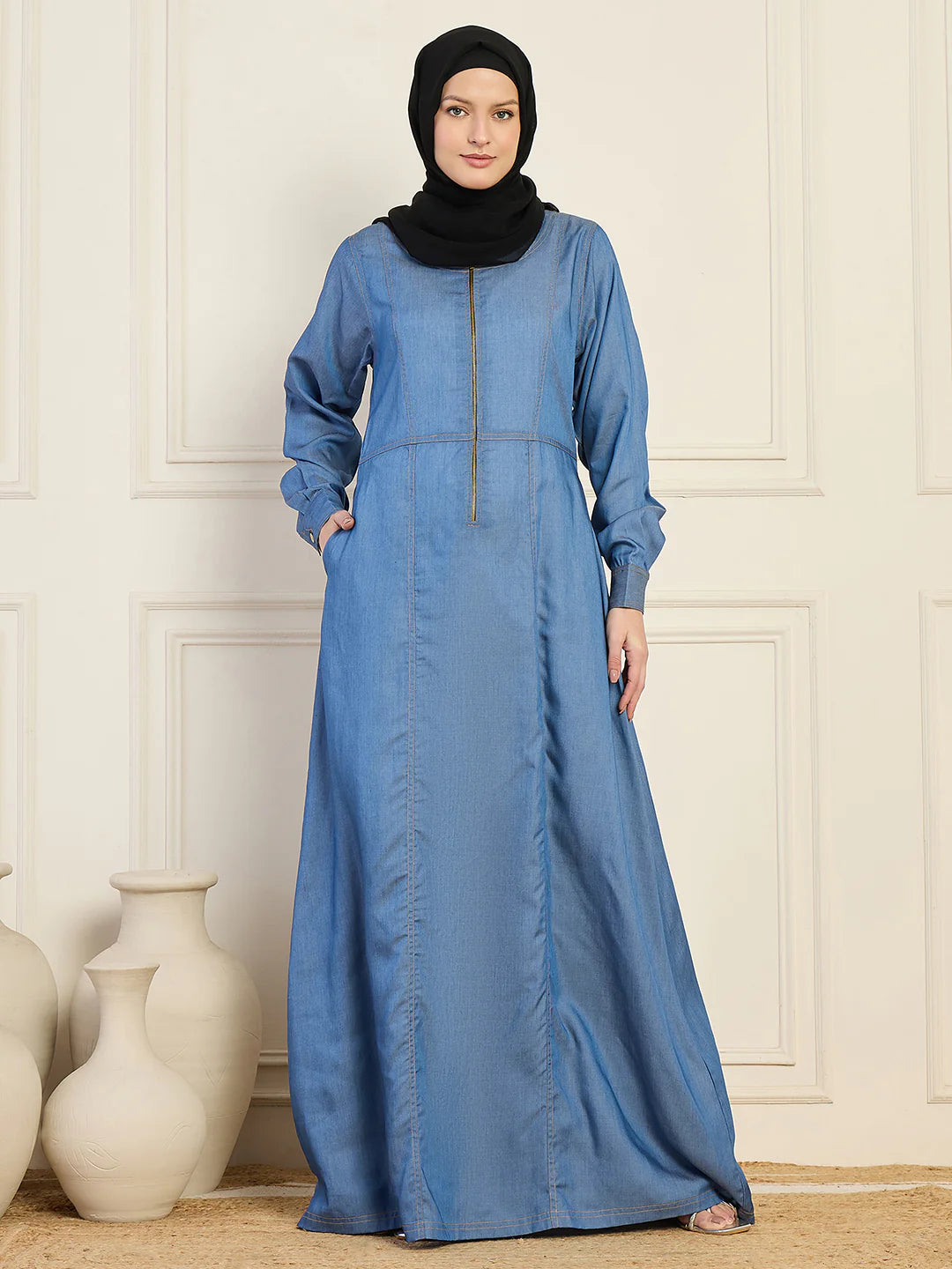 ATM26303 | Denim Abaya With Black Georgette Hijab