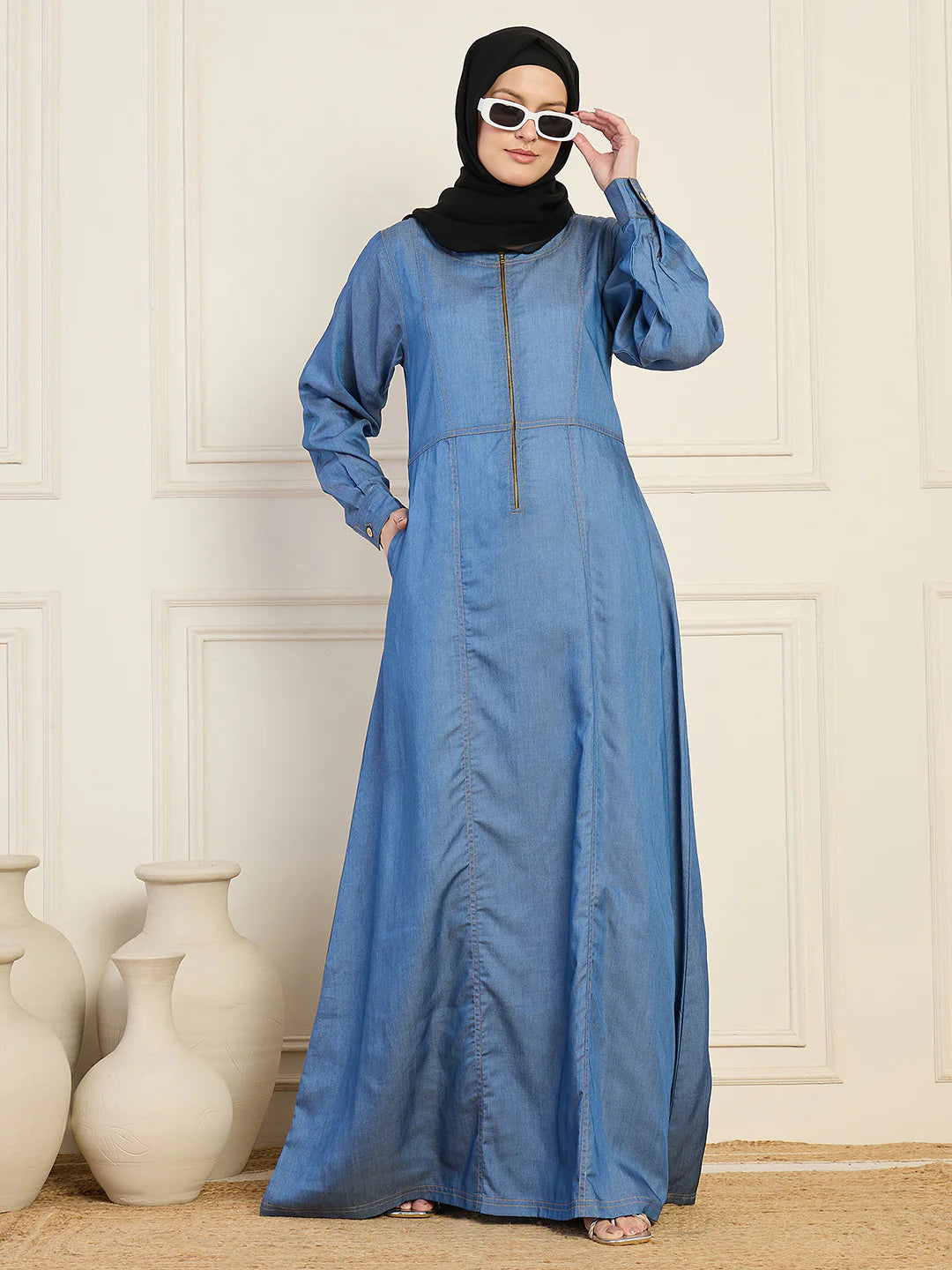 ATM26303 | Denim Abaya With Black Georgette Hijab
