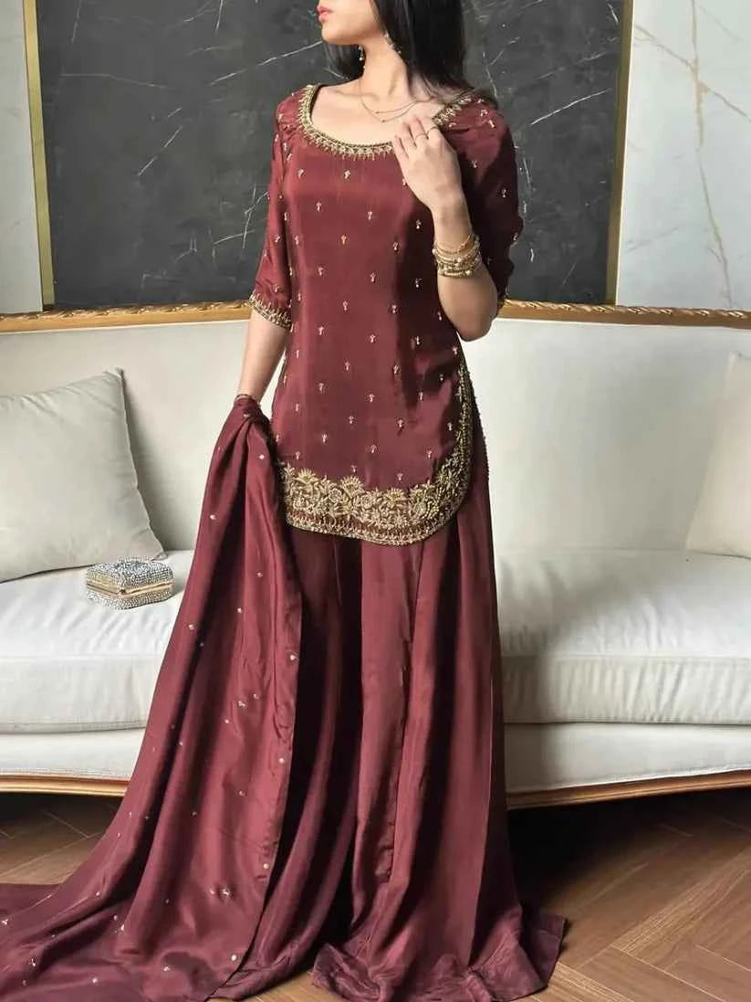 ATM25030 | The Crimson Majesty | Hand-Embroidered Raw Silk Farshi Sharara Set