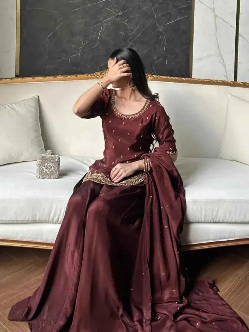 ATM25030 | The Crimson Majesty | Hand-Embroidered Raw Silk Farshi Sharara Set