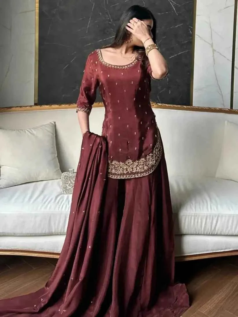 ATM25030 | The Crimson Majesty | Hand-Embroidered Raw Silk Farshi Sharara Set