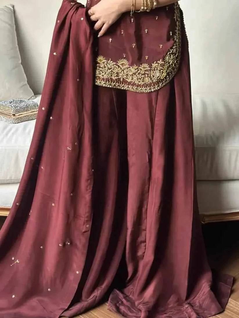 ATM25030 | The Crimson Majesty | Hand-Embroidered Raw Silk Farshi Sharara Set