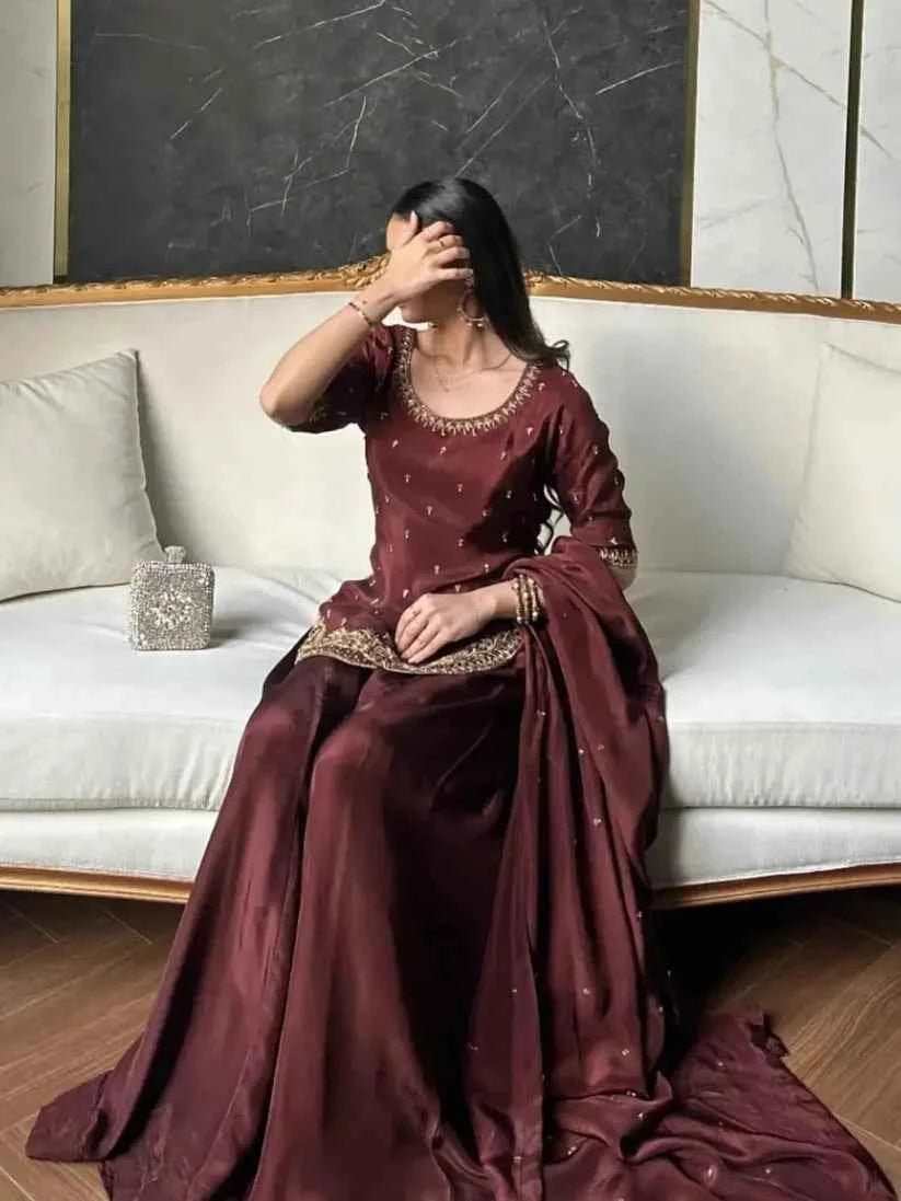 ATM25030 | The Crimson Majesty | Hand-Embroidered Raw Silk Farshi Sharara Set