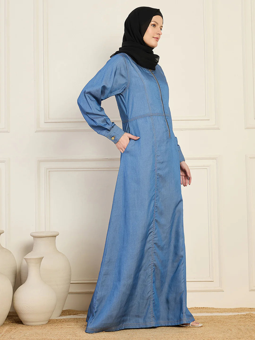 ATM26303 | Denim Abaya With Black Georgette Hijab