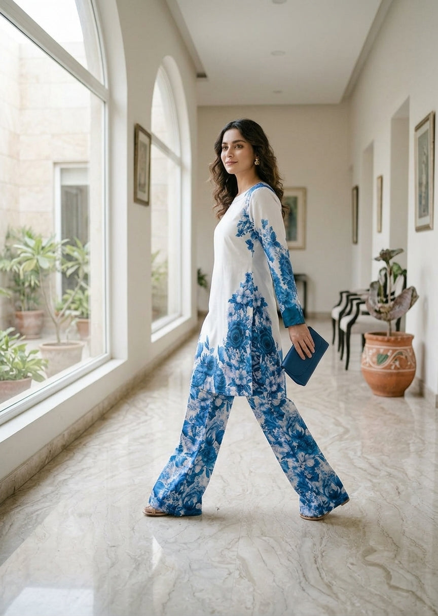 Blue White Floral Digital Printed Shamooz Silk Co-Ord Set Unstitched