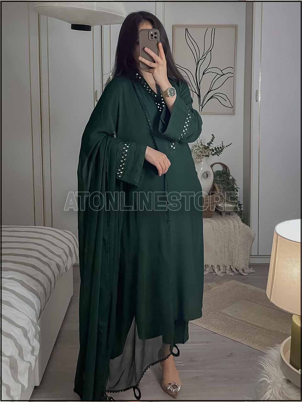 ATM24018 | 3-Piece Partywear Linen Mirror Embroidered Readymade Suit