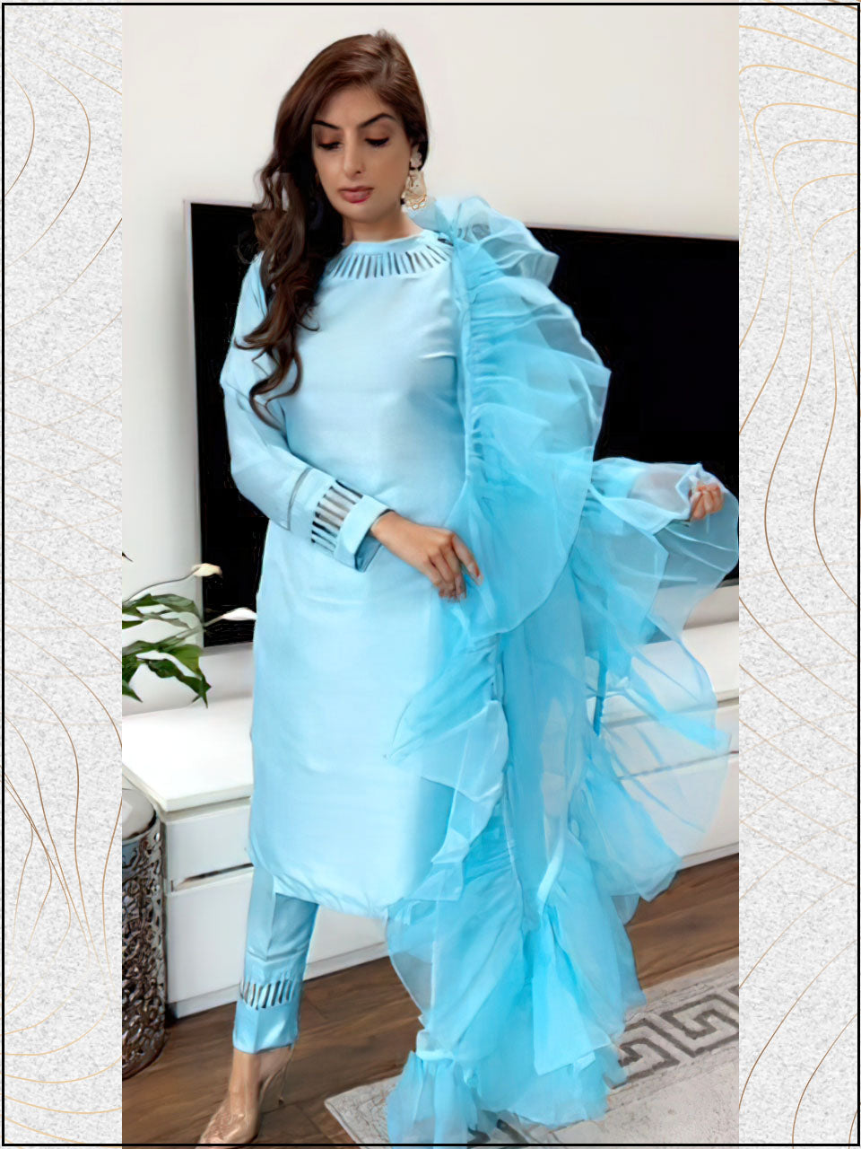 ATM770AN | 3 Piece Blue Silk Readymade Suit With Ruffle Dupatta