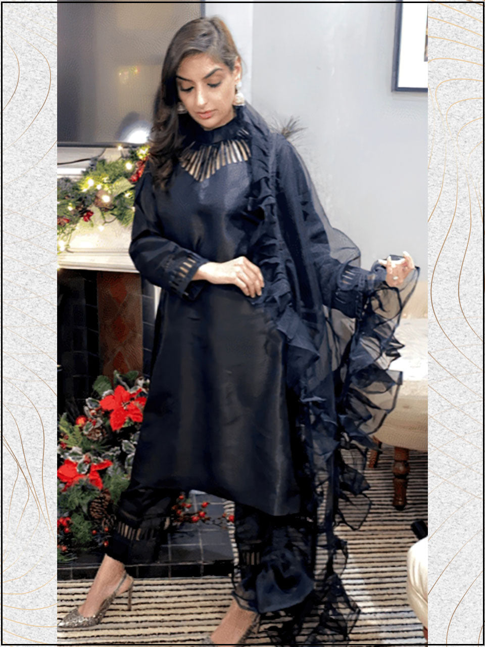 ATM771AN | Black 3 Piece Silk Readymade Suit With Ruffle Dupatta