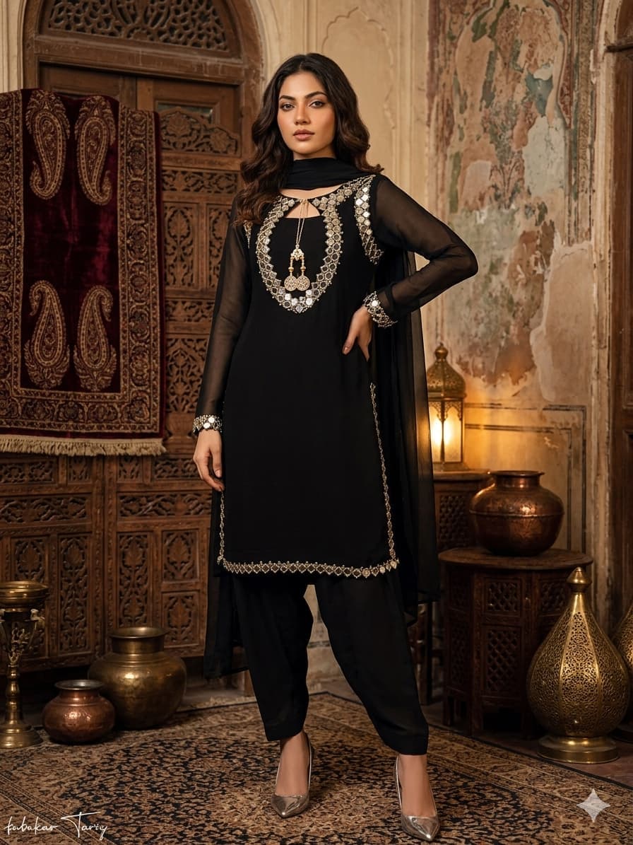 ATM24026 | 3 Piece Black Chiffon Readymade Mirror Embroidered Suit