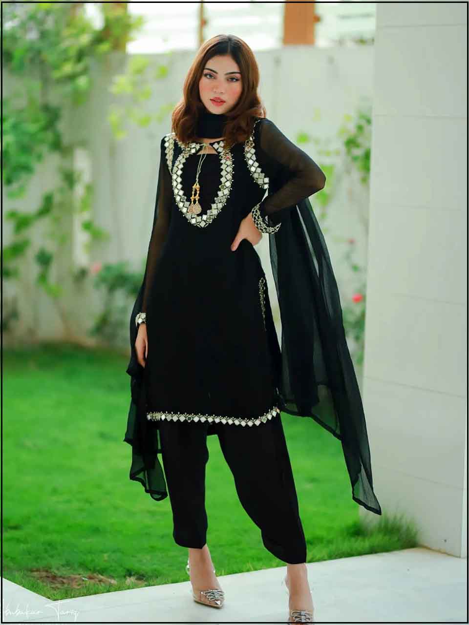 ATM24026 | 3 Piece Black Chiffon Readymade Mirror Embroidered Suit