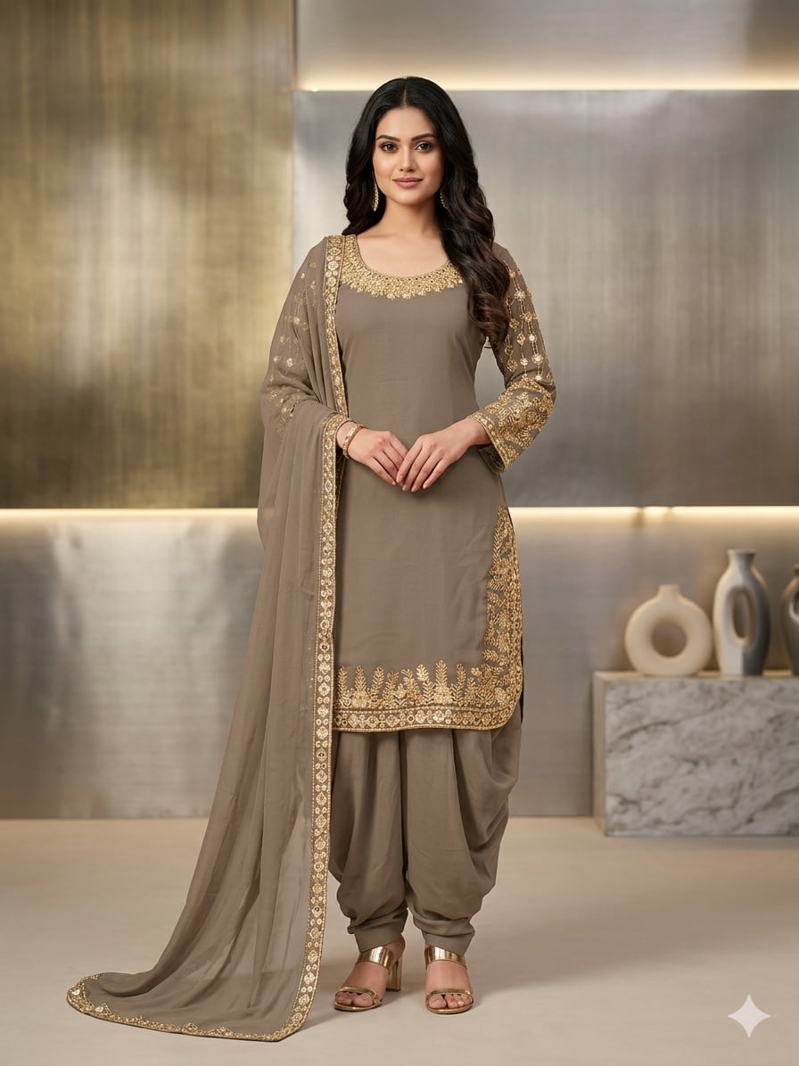 ATM24029 | 3 Piece Beige Linen Readymade Mirror Embroidered Suit
