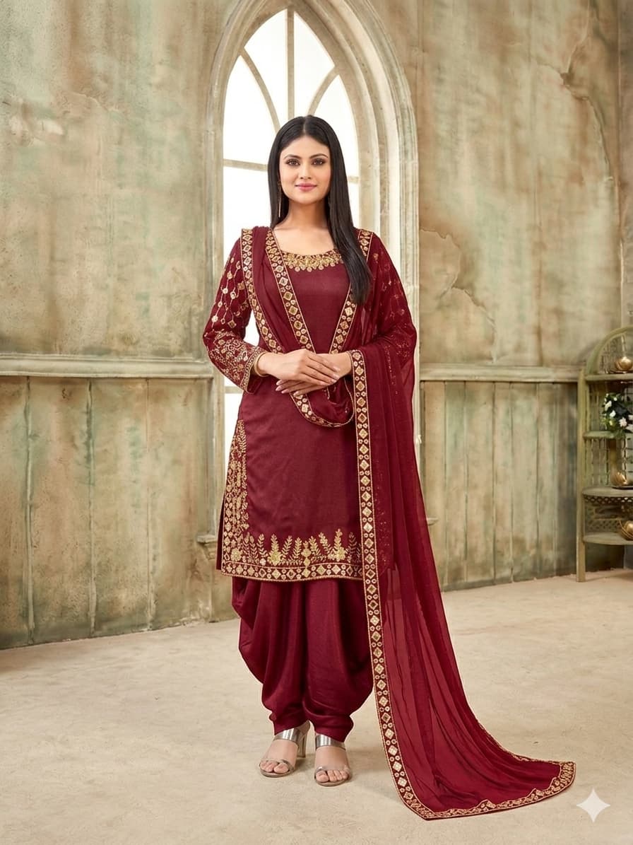 ATM24030 | 3 Piece Red Linen Readymade Mirror Embroidered Suit