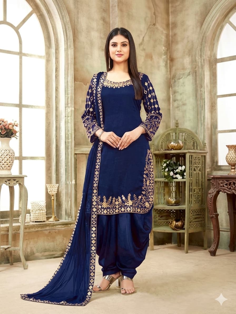ATM24031 | 3 Piece Blue Linen Readymade Mirror Embroidered Suit