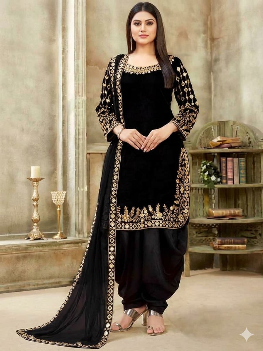 ATM24032 | 3 Piece Black Linen Readymade Mirror Embroidered Suit