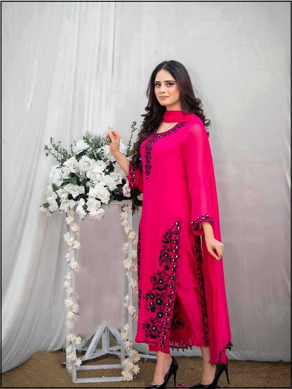 ATM24033 | 3 Piece Hot Pink Linen Readymade Mirror Embroidered Suit