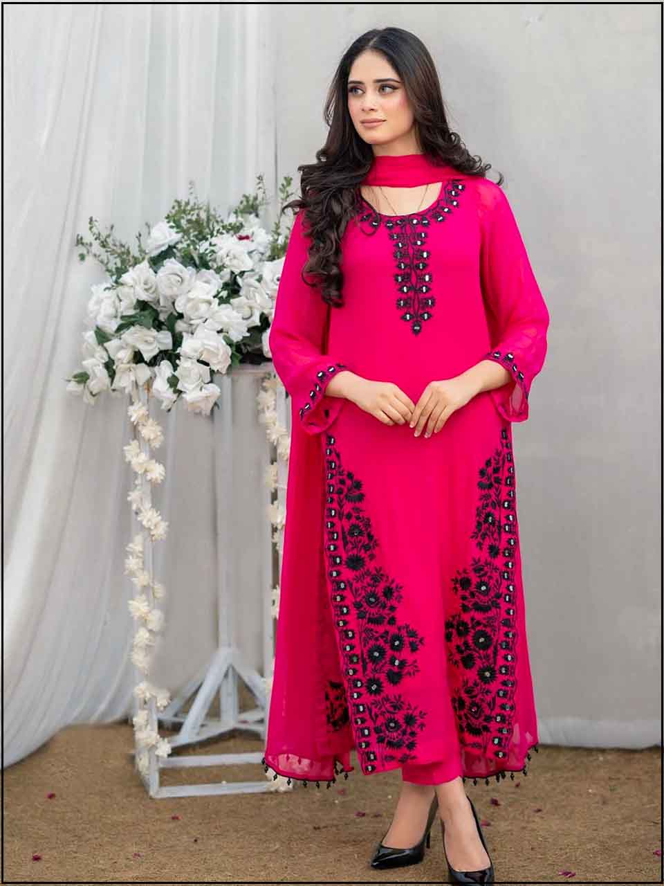 ATM24033 | 3 Piece Hot Pink Linen Readymade Mirror Embroidered Suit