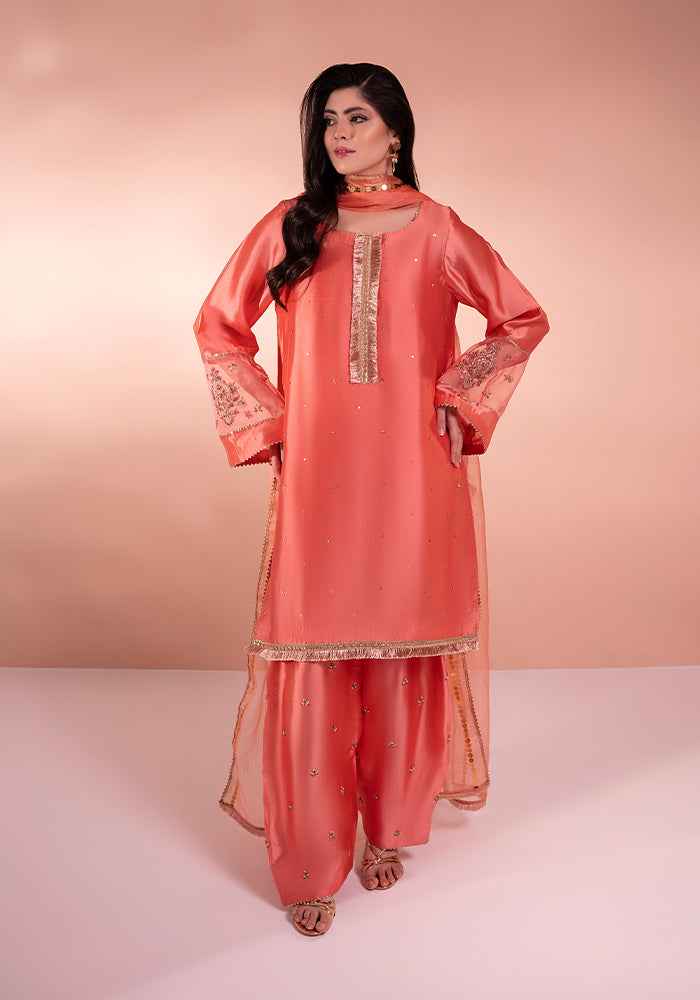 ATM25047 | TayFar 3 Piece Party Wear Embellished Peach Orange Suit