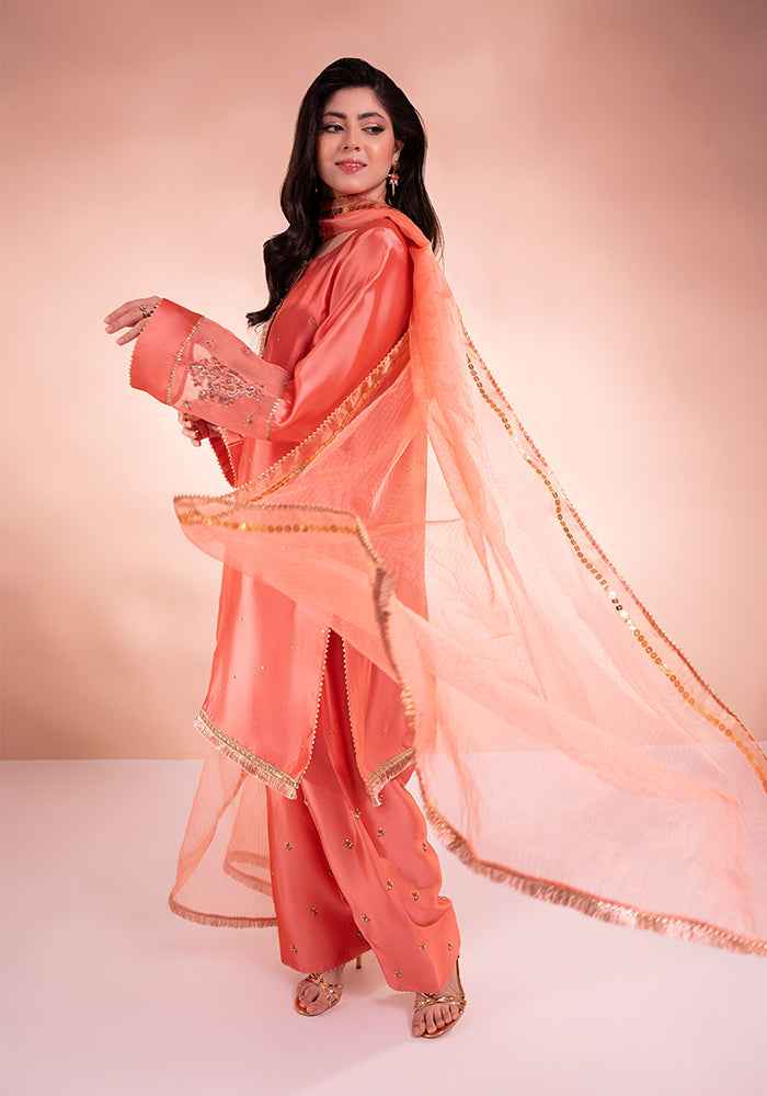ATM25047 | TayFar 3 Piece Party Wear Embellished Peach Orange Suit