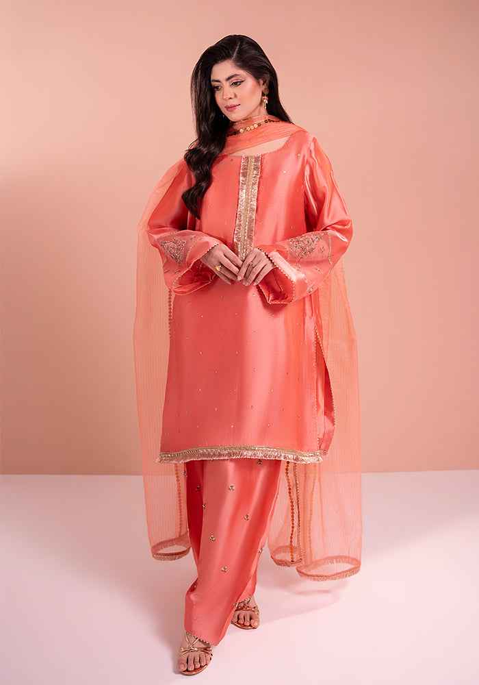 ATM25047 | TayFar 3 Piece Party Wear Embellished Peach Orange Suit