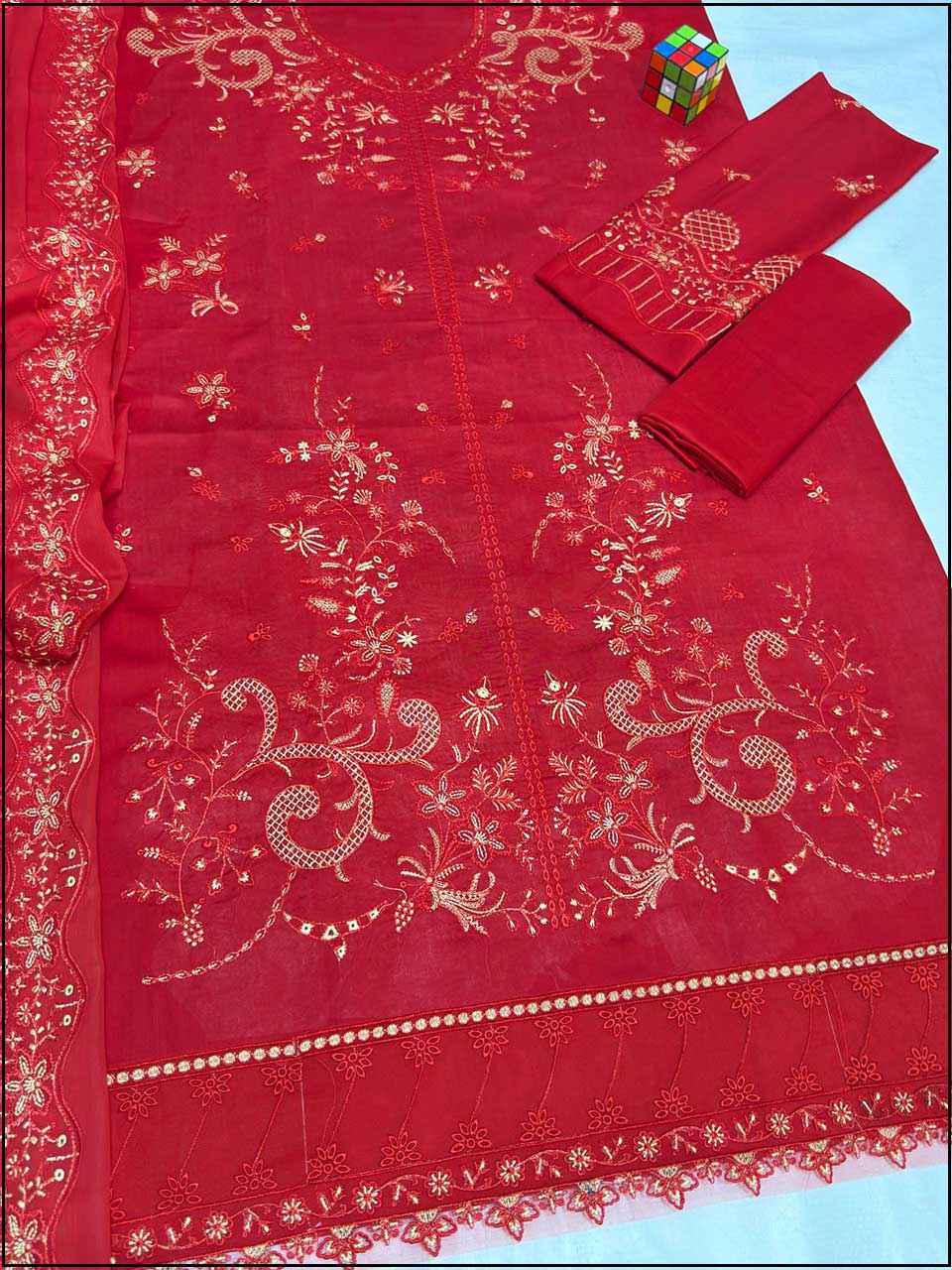 ATM25049 | Qalamkar 3PC EMBROIDERED LUXURY LAWN SUIT