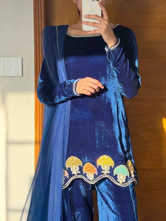 ATM26086 | SF Couture Blue Velvet Sharara Set