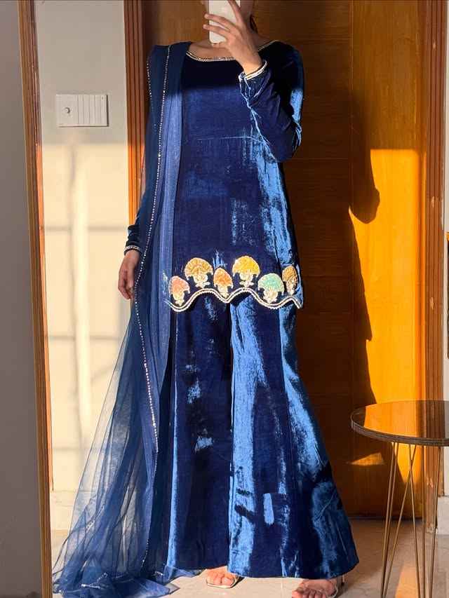 ATM26086 | SF Couture Blue Velvet Sharara Set