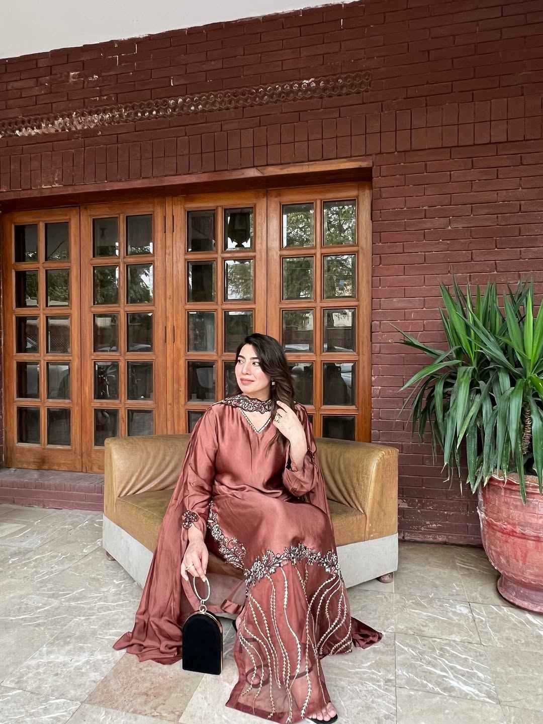 ATM26091 | Copper Rose Embroidered Silk Kaftan Set