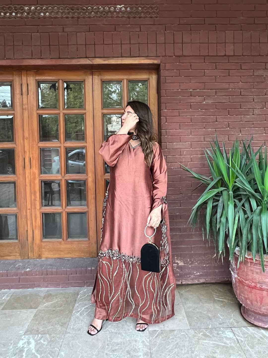 ATM26091 | Copper Rose Embroidered Silk Kaftan Set