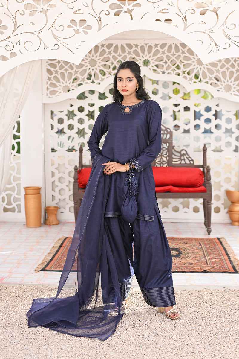 ATM26094 | Blue Silk 3 Piece Ready To Wear Suit