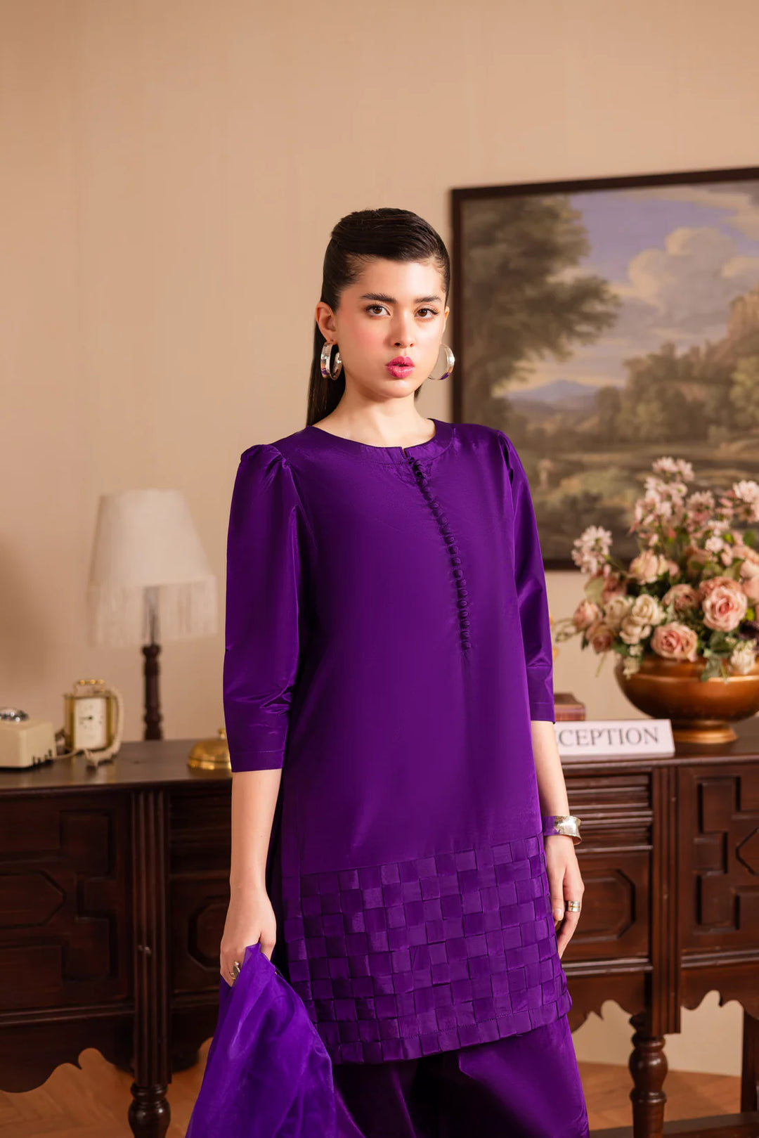 ATM26124 | Pakistani Designer 3 Piece Silk Suit Chatai Design