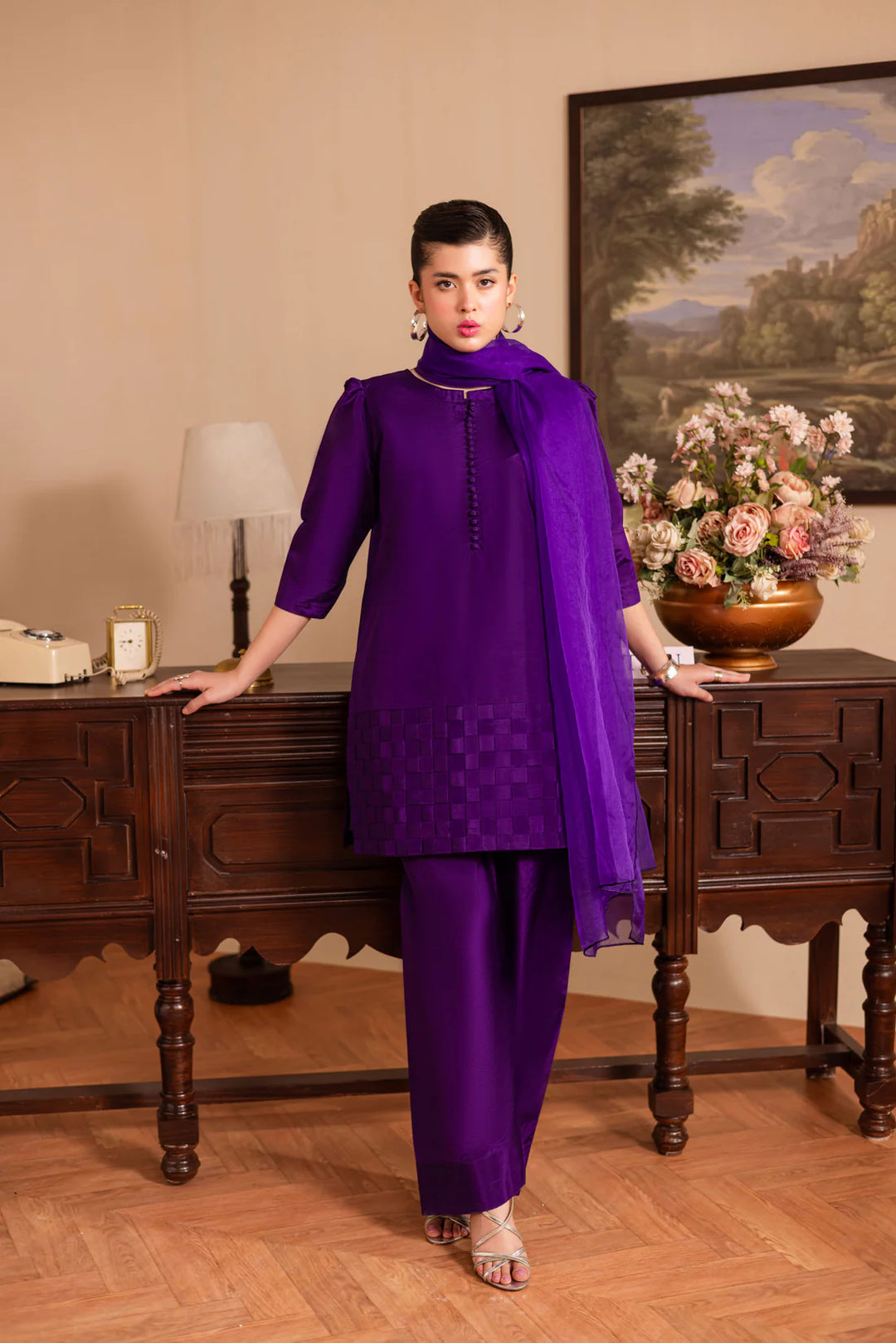 ATM26124 | Pakistani Designer 3 Piece Silk Suit Chatai Design
