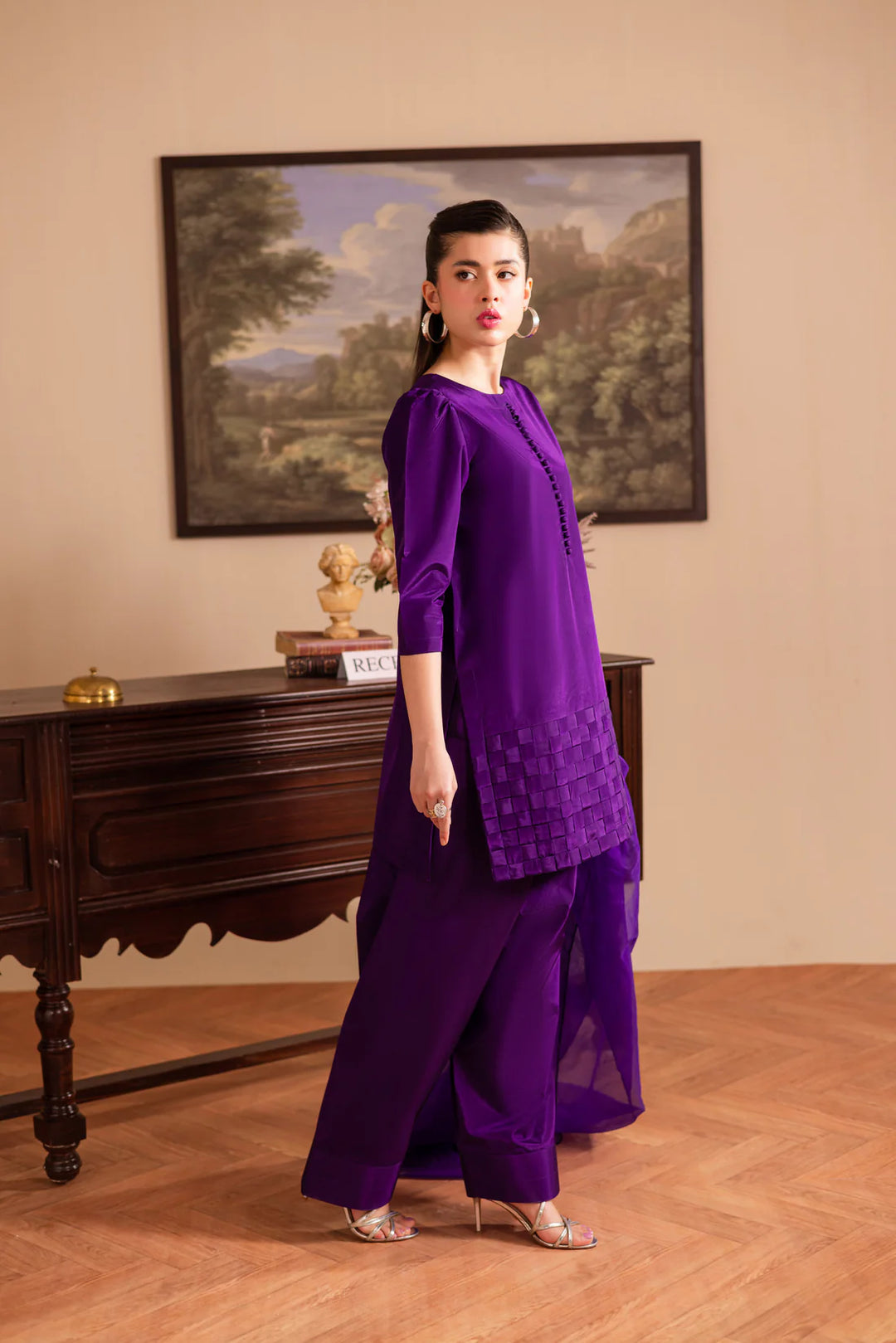 ATM26124 | Pakistani Designer 3 Piece Silk Suit Chatai Design
