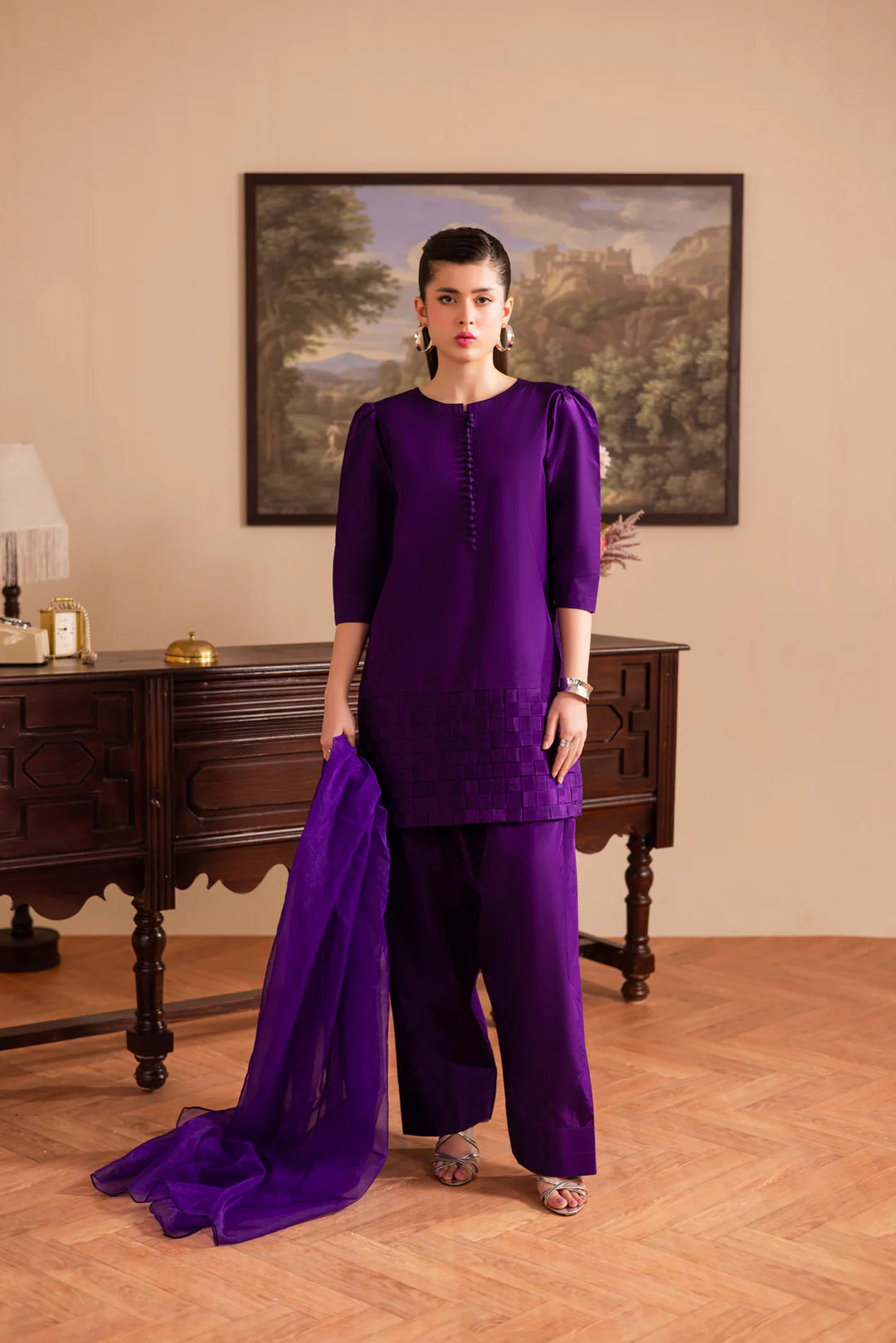 ATM26124 | Pakistani Designer 3 Piece Silk Suit Chatai Design
