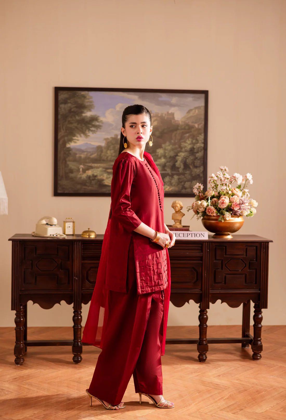 ATM26125 | Pakistani Designer 3 Piece Silk Suit Chatai Design