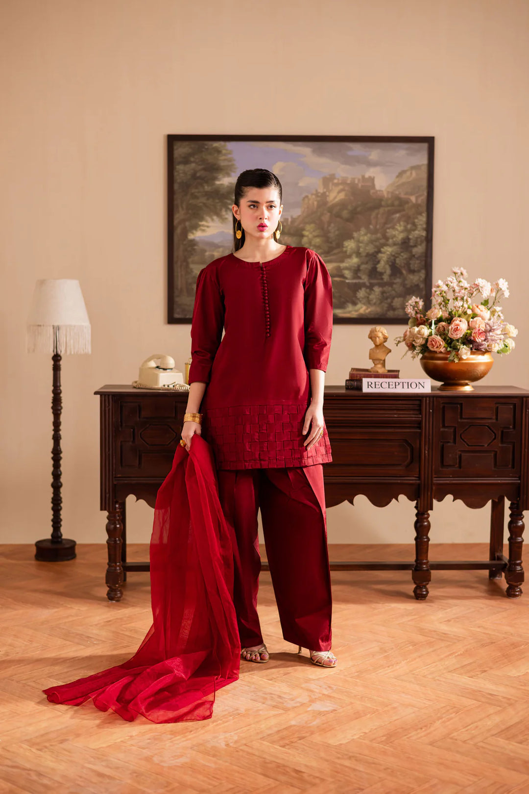 ATM26125 | Pakistani Designer 3 Piece Silk Suit Chatai Design