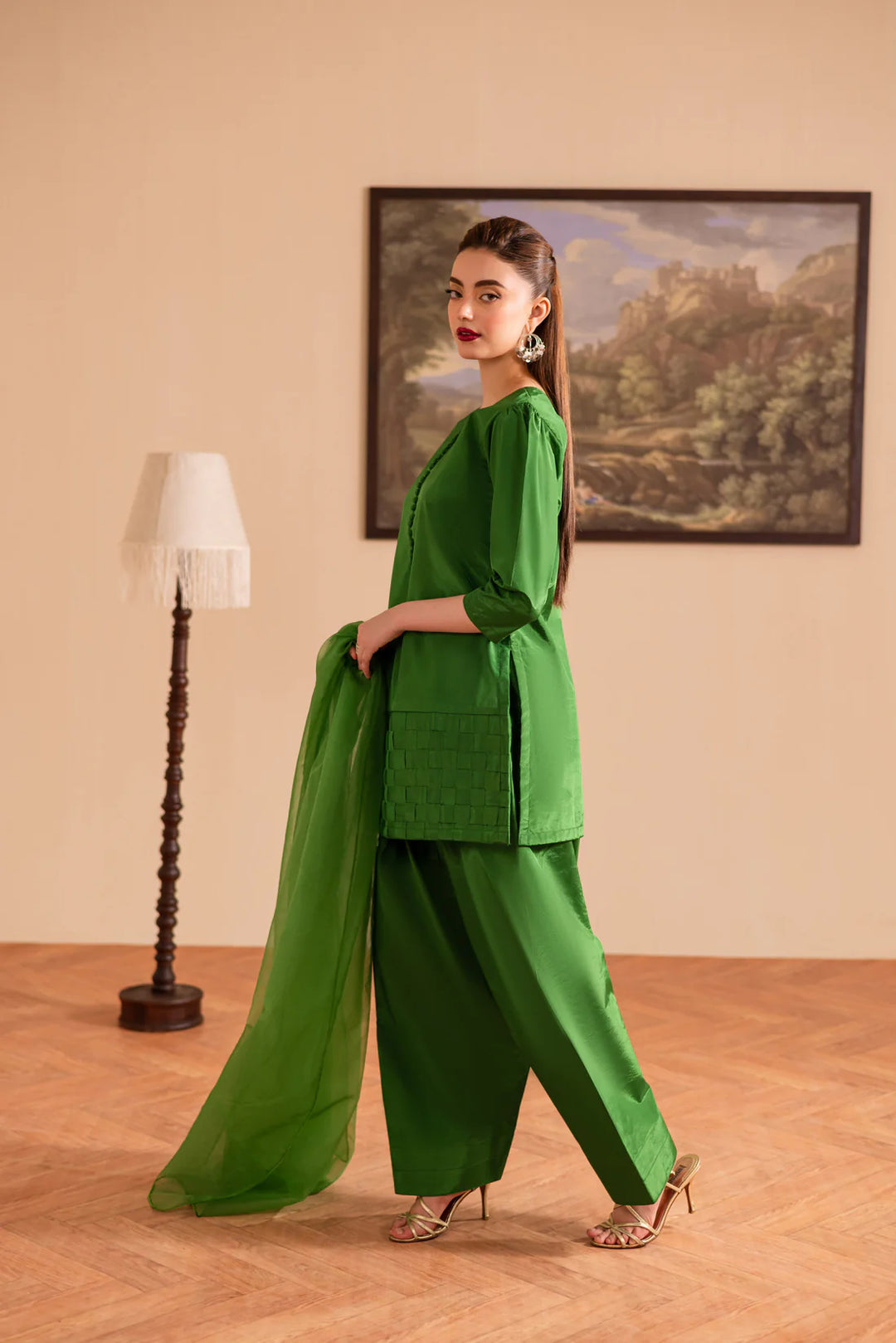 ATM26126 | Pakistani Designer 3 Piece Silk Suit Handmade Chatai Design